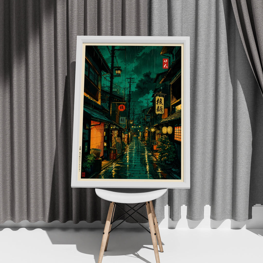 Japanese Street at Night Poster, Rainy Japan Alley Wall Art, Anime City Print