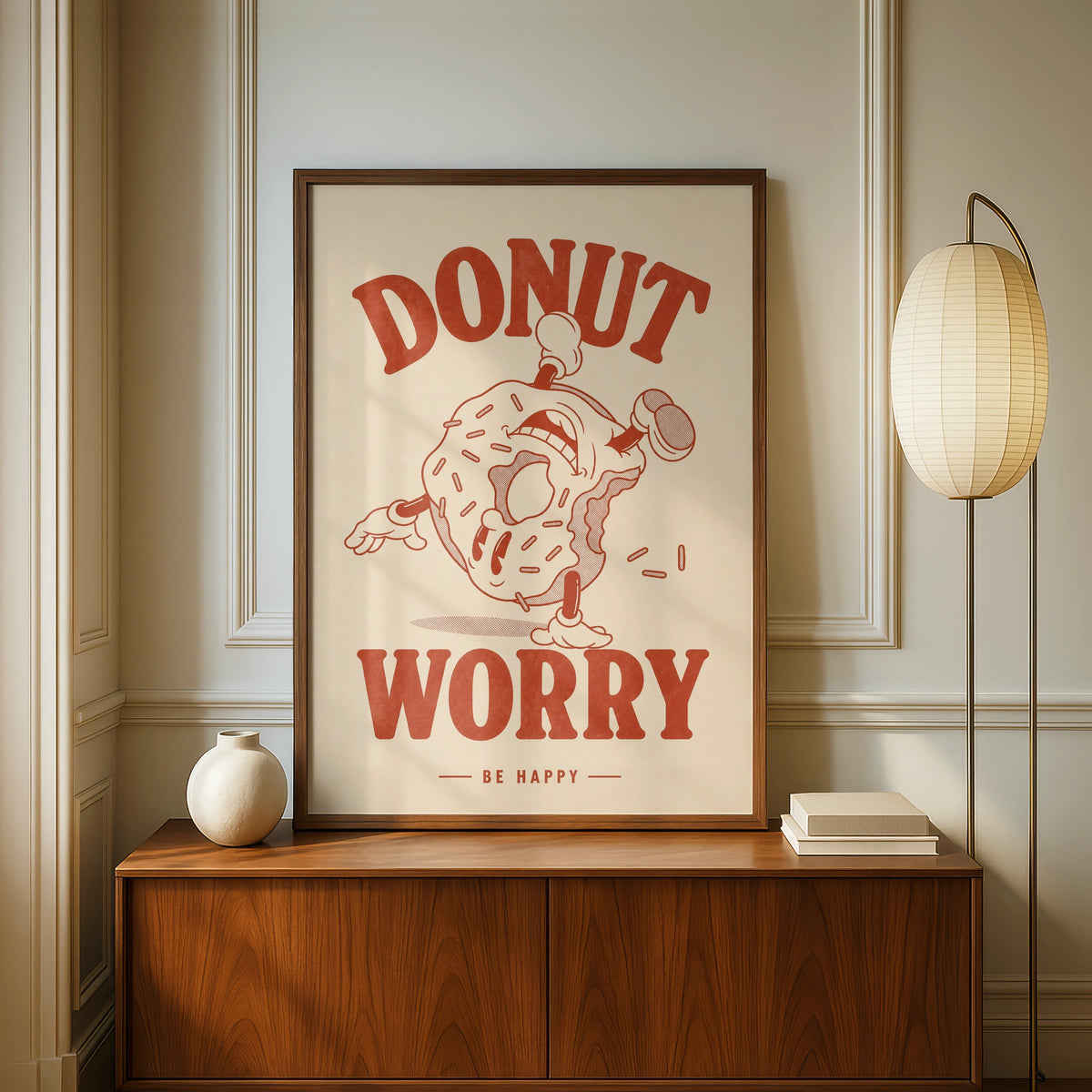 Donut Worry Be Happy Poster, Retro Food Wall Art, Funny Kitchen Print, Red Cream
