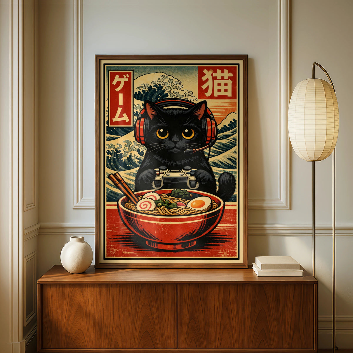 Black Cat Ramen Gamer Poster, Japanese Woodblock Wall Art, Gaming Room Print
