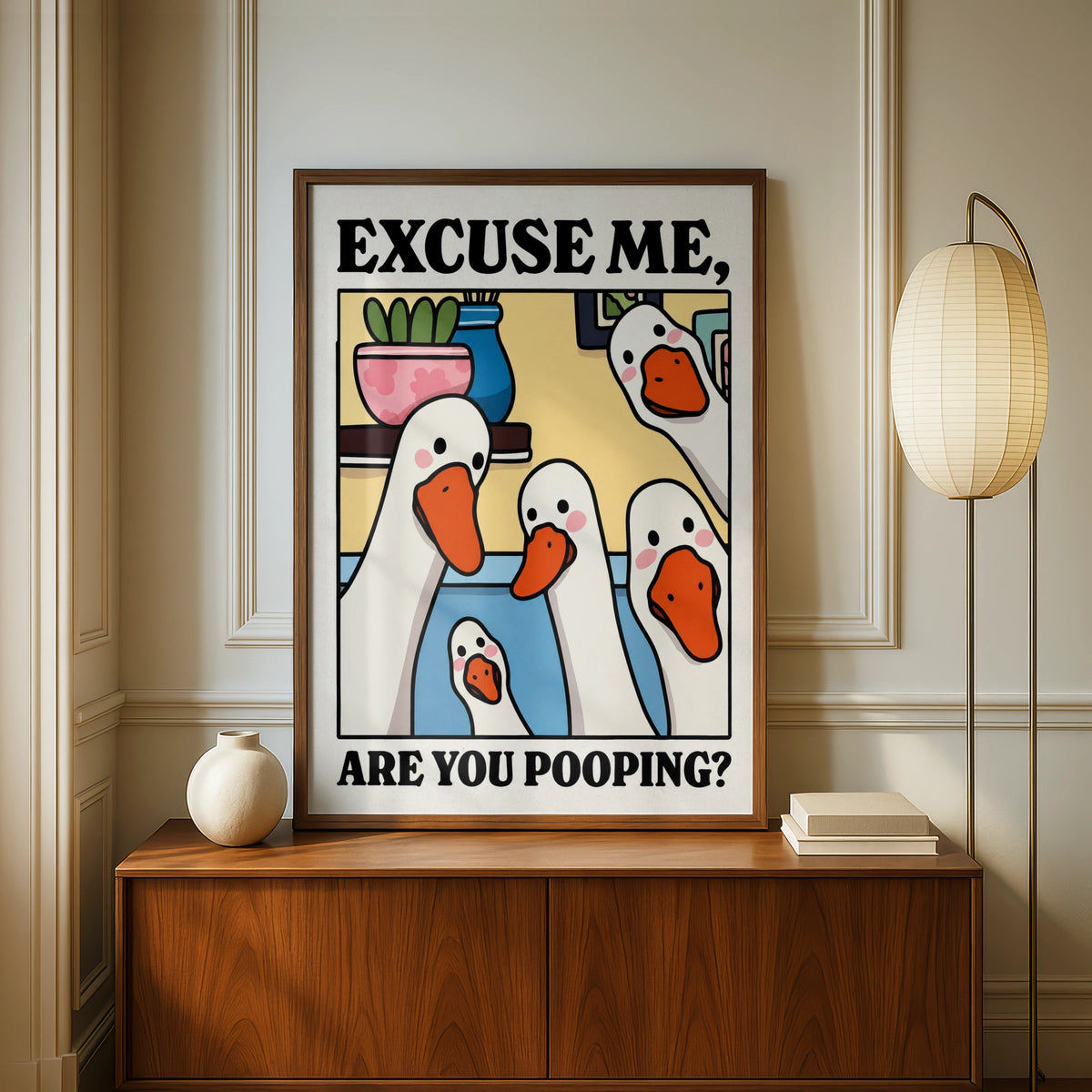 Excuse Me Are You Pooping Funny Duck Poster, Silly Goose Bathroom Wall Art Print