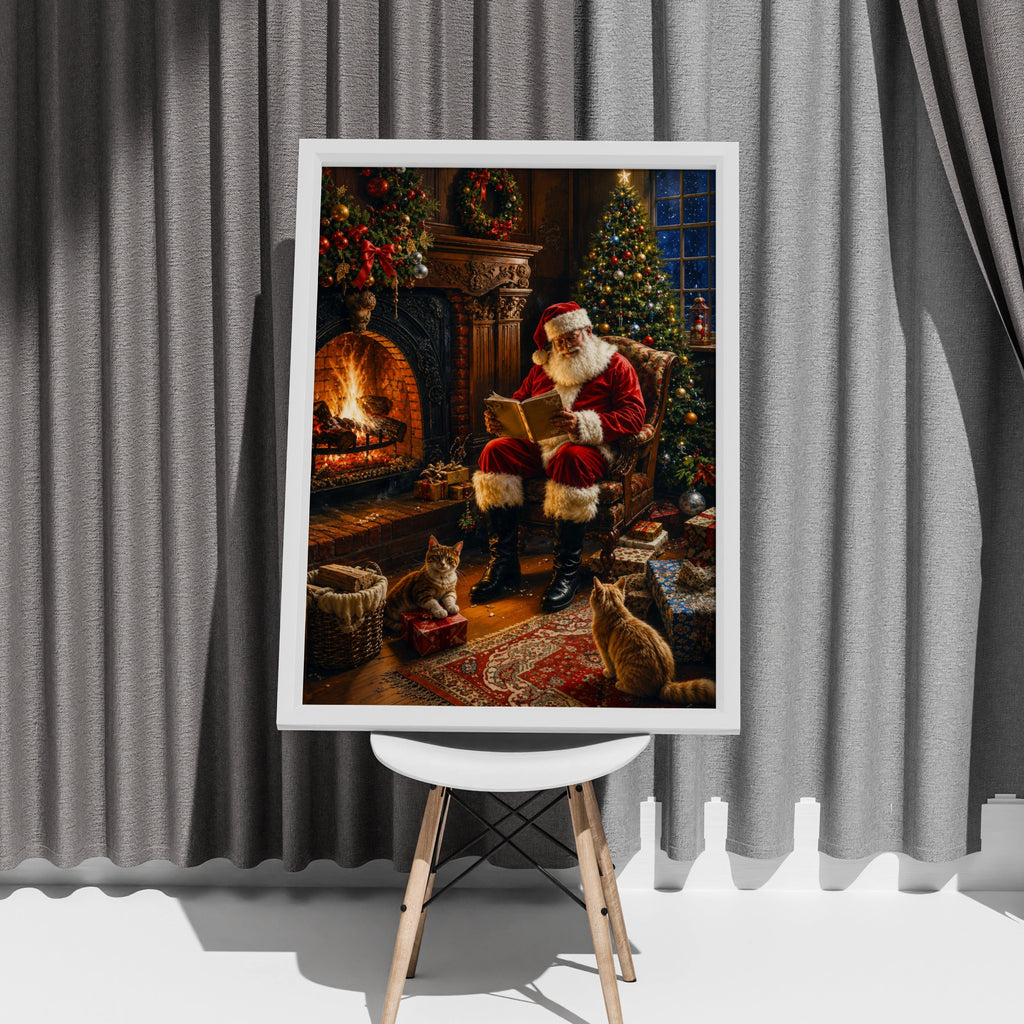 Santa Claus Fireplace Poster, Christmas Wall Art, Cosy Festive Print with Cats