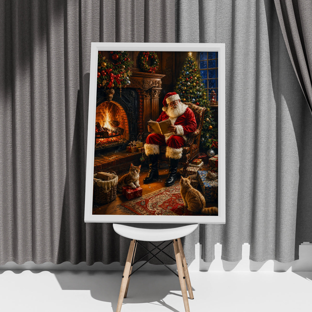 Santa Claus Fireplace Poster, Christmas Wall Art, Cosy Festive Print with Cats