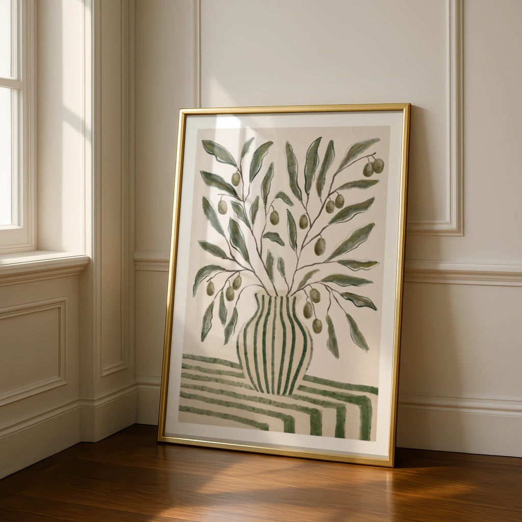 Olive Branch Vase Print, Botanical Wall Art, Watercolour Striped Pot, Green Neutral Kitchen Poster