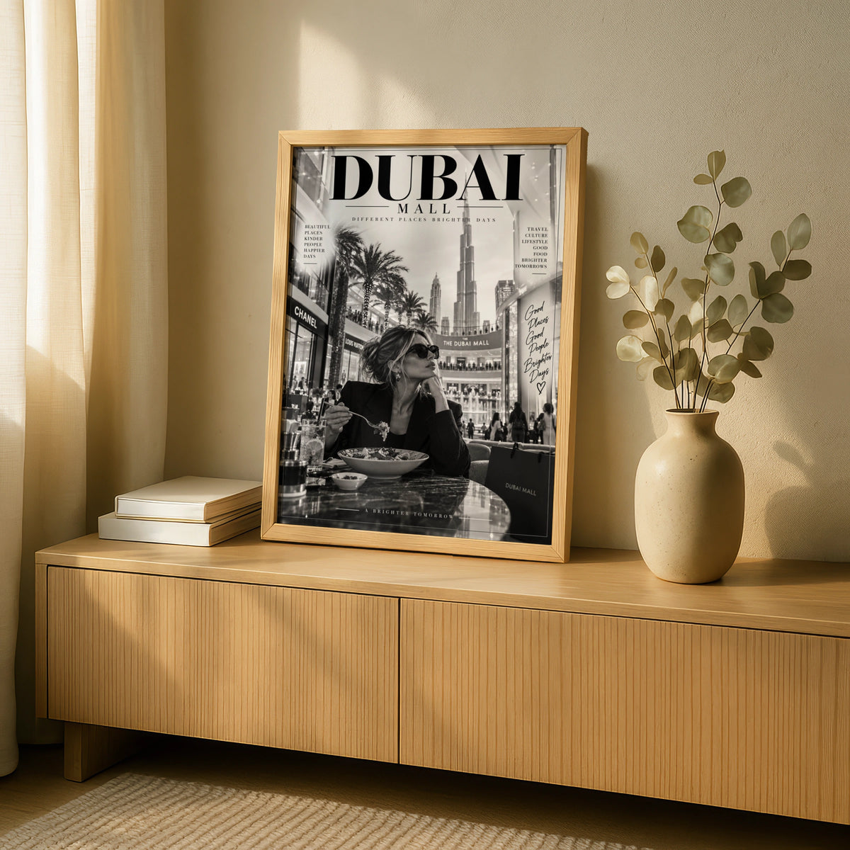 Dubai Mall Magazine Style Poster, Black White Travel Wall Art, Burj Khalifa Print
