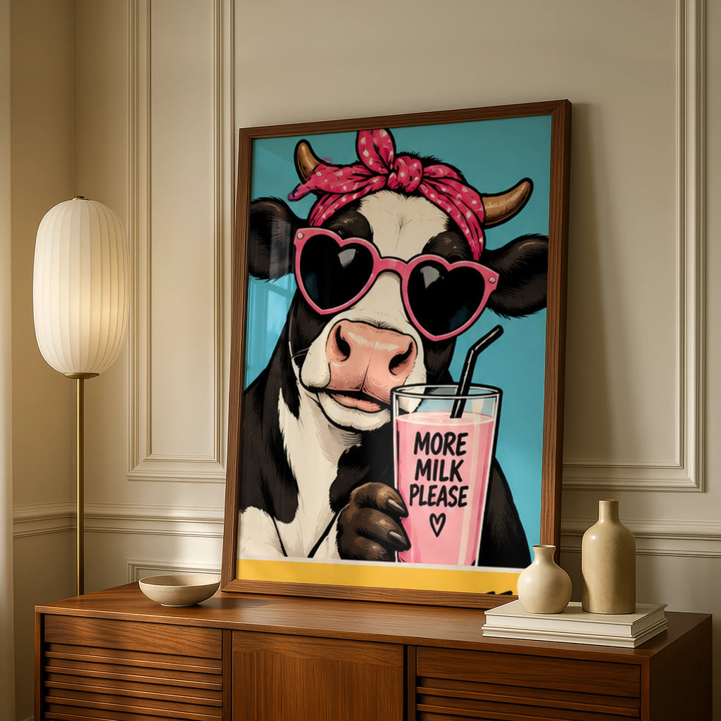 Funny Cow Poster, More Milk Please Print, Cute Kitchen Wall Art, Pop Art Decor