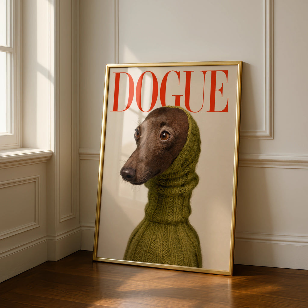 Dogue Magazine Cover Dog Poster, Funny Greyhound Wall Art, Whippet Fashion Print