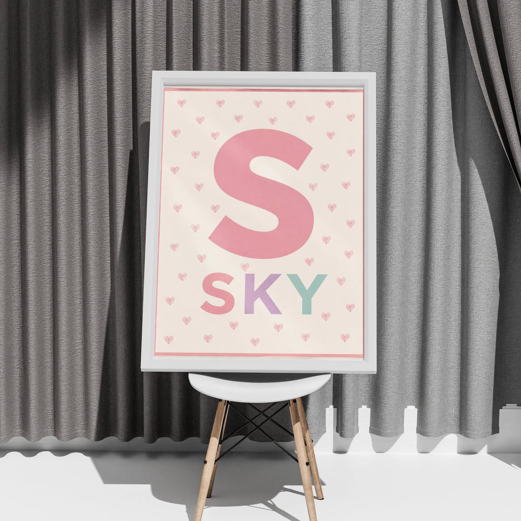 Personalized Name Print, Letter  Poster, Girls Nursery Wall Art, Pink Heart Personalised Baby Gift