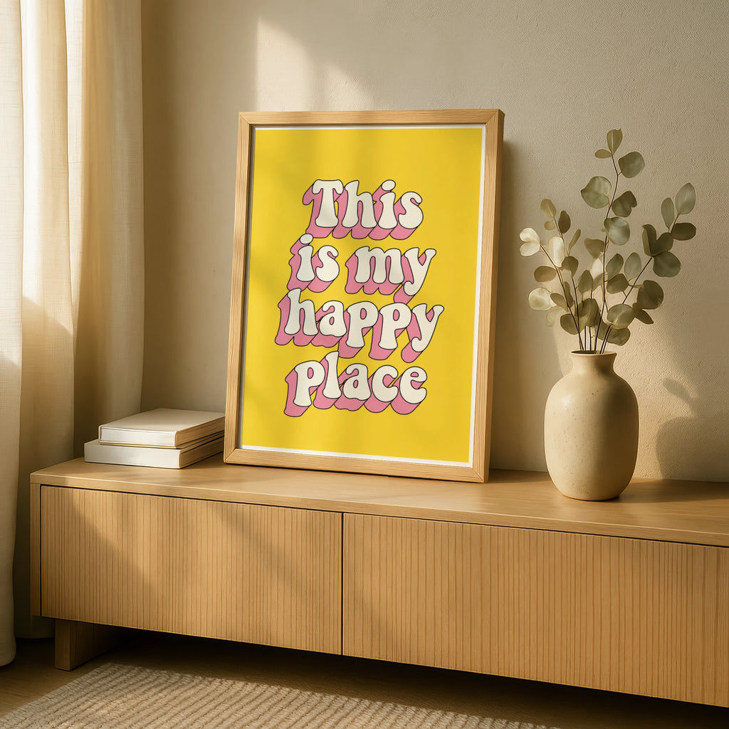 This Is My Happy Place Poster, Retro Typography Print, Yellow Pink Wall Art