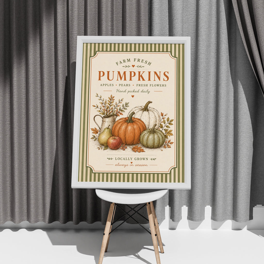Farm Fresh Pumpkins Vintage Poster, Autumn Harvest Wall Art, Farmhouse Kitchen Print