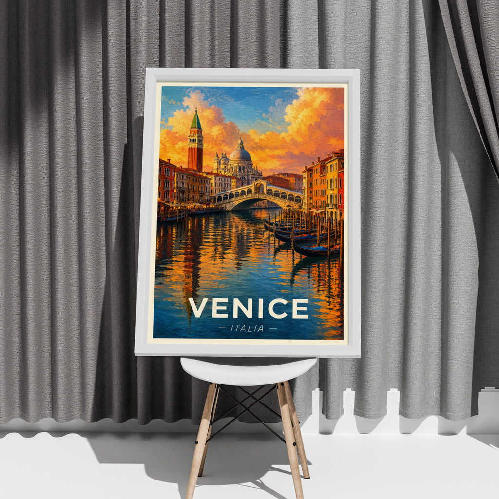 Venice Italy Travel Poster, Grand Canal Wall Art, Rialto Bridge Print, Italian City Decor