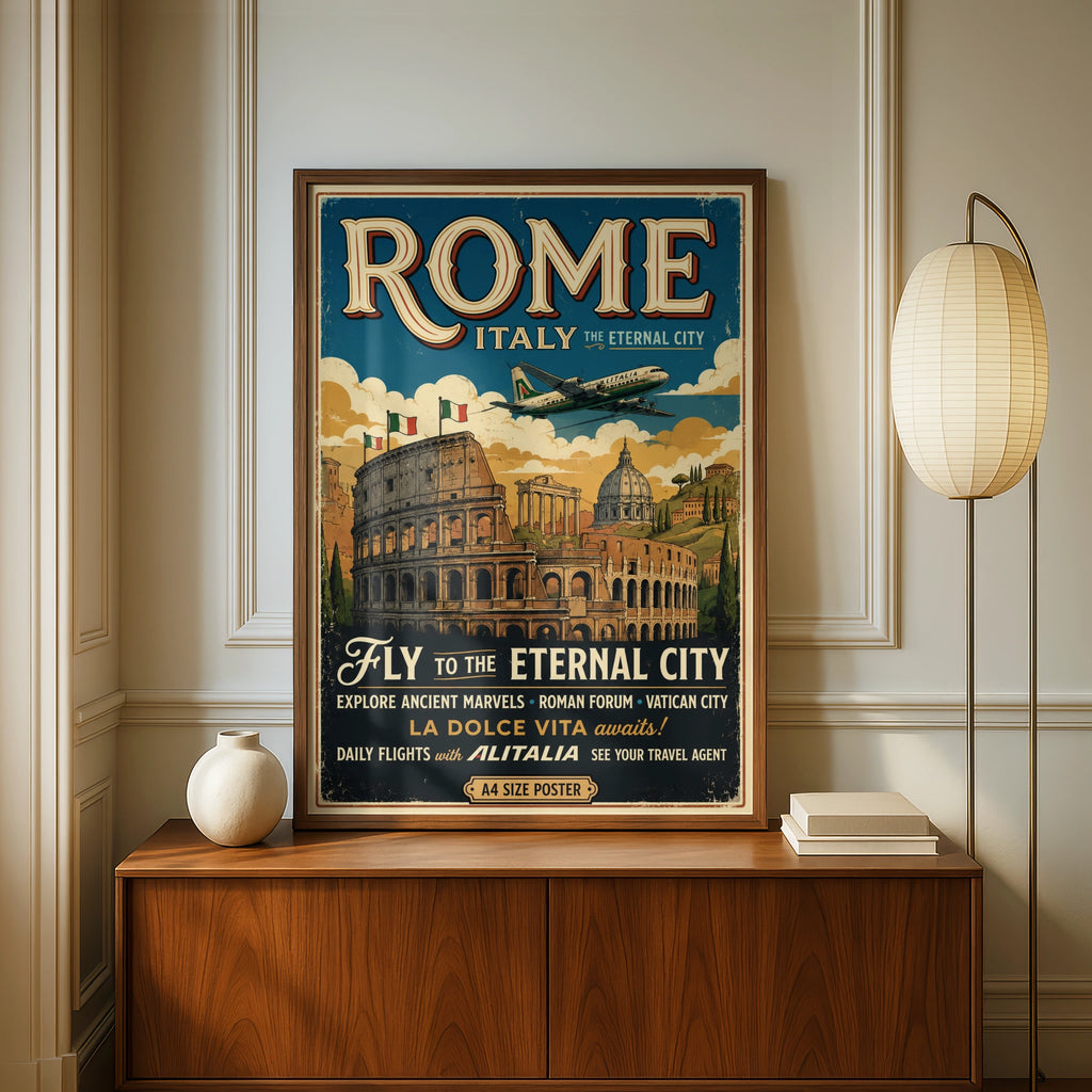 Rome Italy Vintage Travel Poster, Retro Colosseum Wall Art, Italian Print