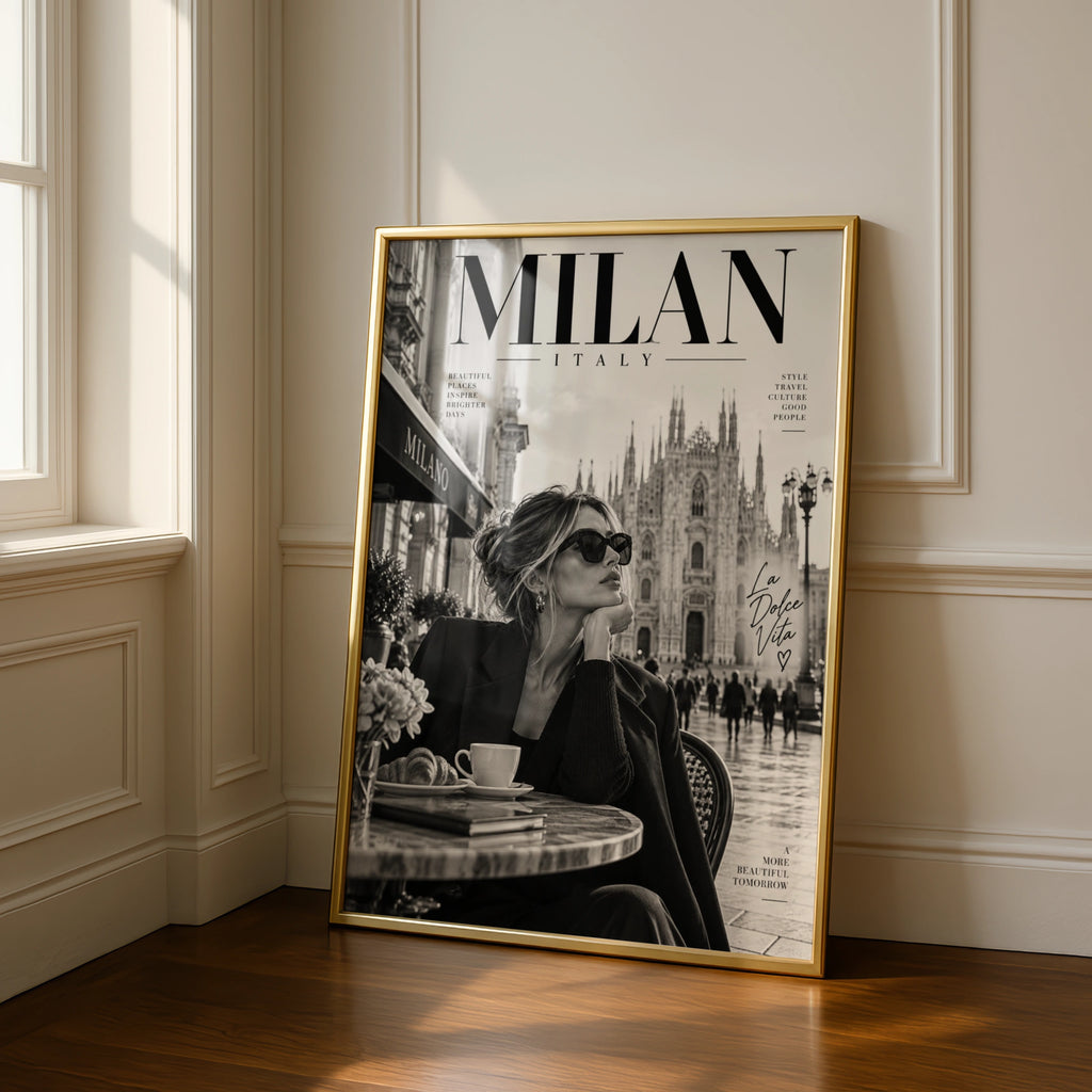 Milan Italy Poster, La Dolce Vita Wall Art, Black White Fashion Travel Print