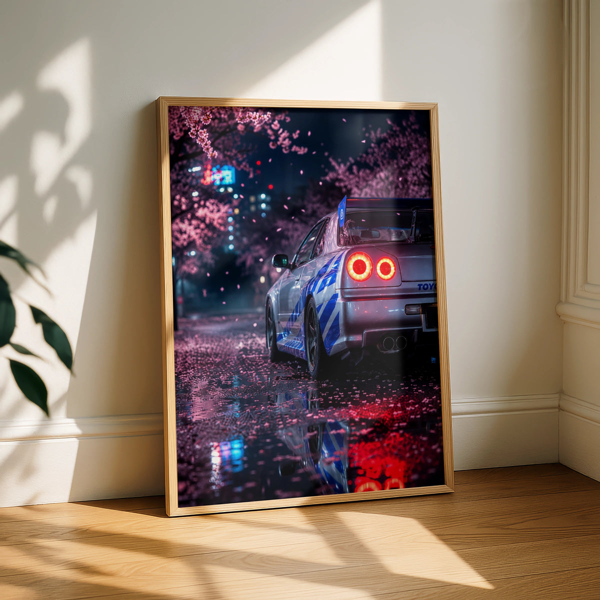 Nissan Skyline R34 GTR Cherry Blossom Poster, JDM Car Wall Art, Night Tokyo Print