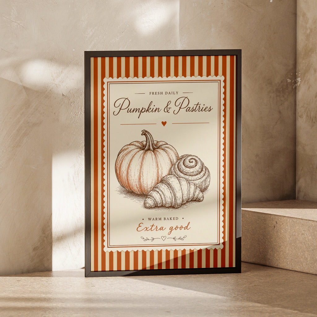 Pumpkin Pastries Vintage Bakery Poster, Autumn Kitchen Wall Art, Retro Food Print