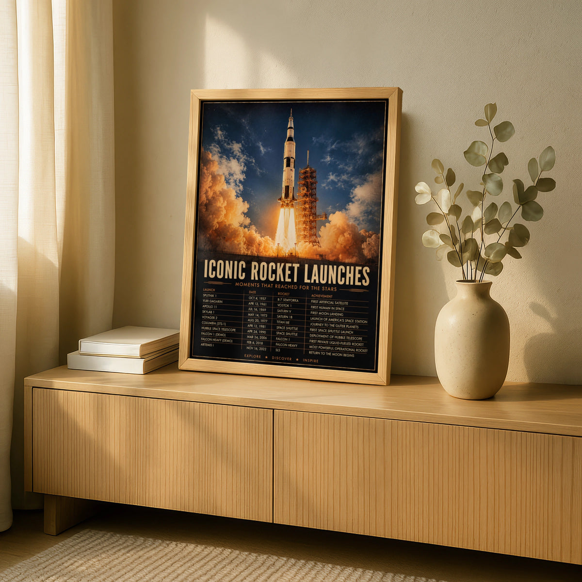 Iconic Rocket Launches Space History Poster, NASA Apollo Saturn V Wall Art Print