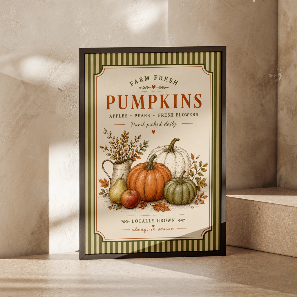 Farm Fresh Pumpkins Vintage Poster, Autumn Harvest Wall Art, Farmhouse Kitchen Print