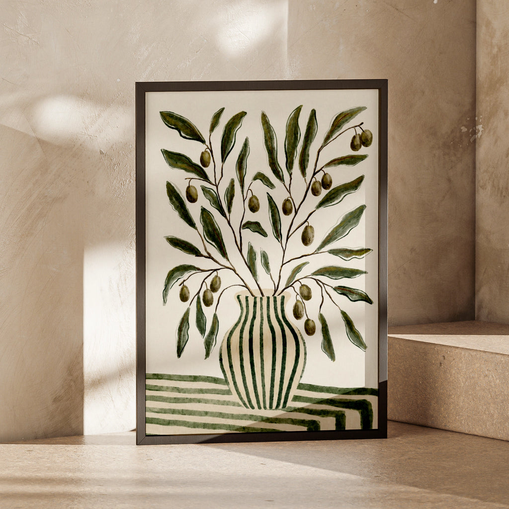 Olive Branch Pot Print, Watercolour Botanical Wall Art, Green Striped Vase Poster