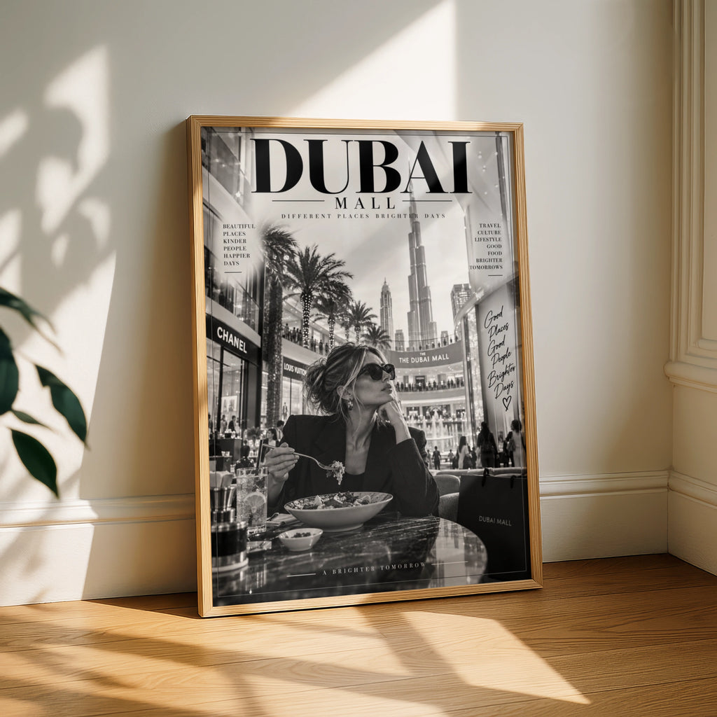 Dubai Mall Magazine Style Poster, Black White Travel Wall Art, Burj Khalifa Print