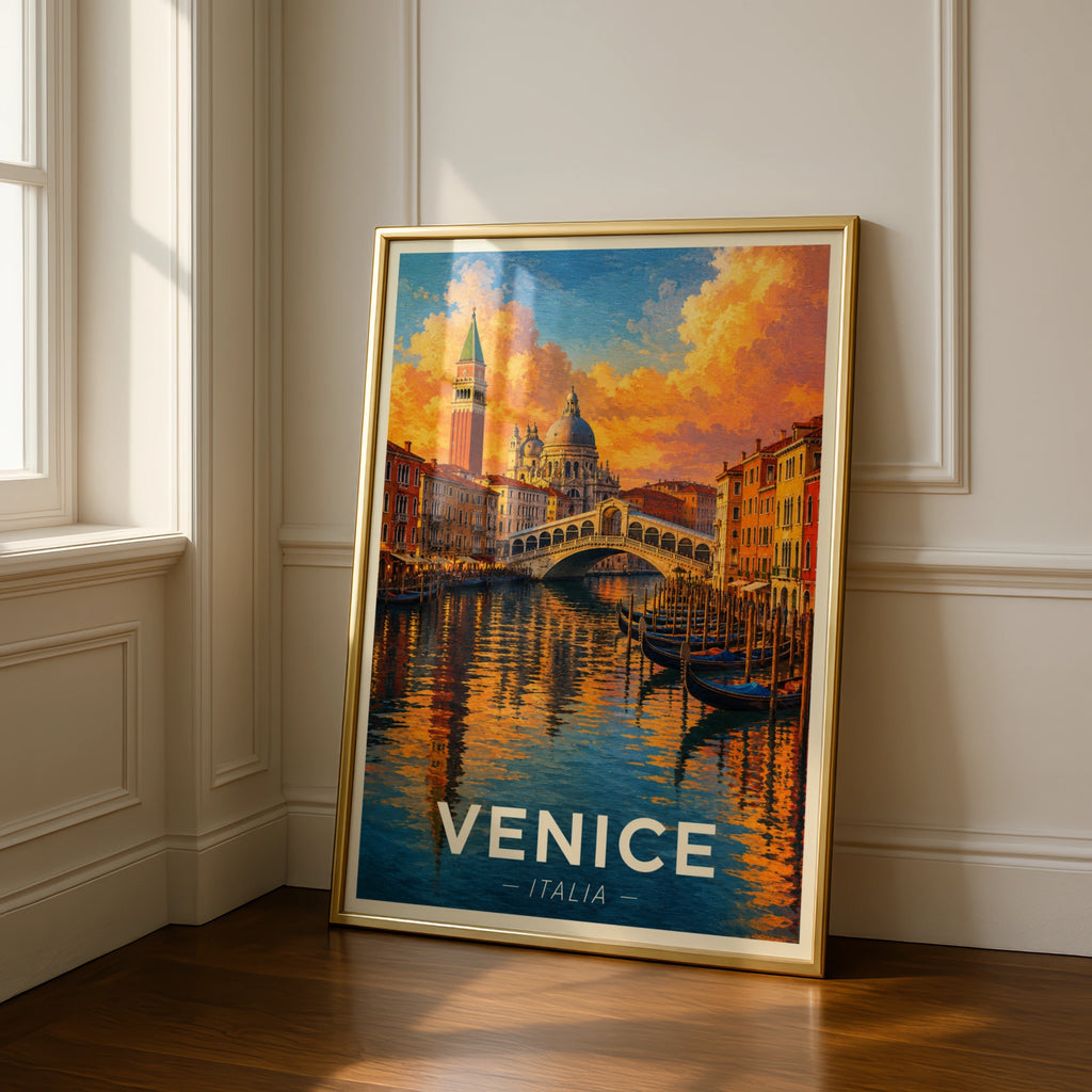 Venice Italy Travel Poster, Grand Canal Wall Art, Rialto Bridge Print, Italian City Decor