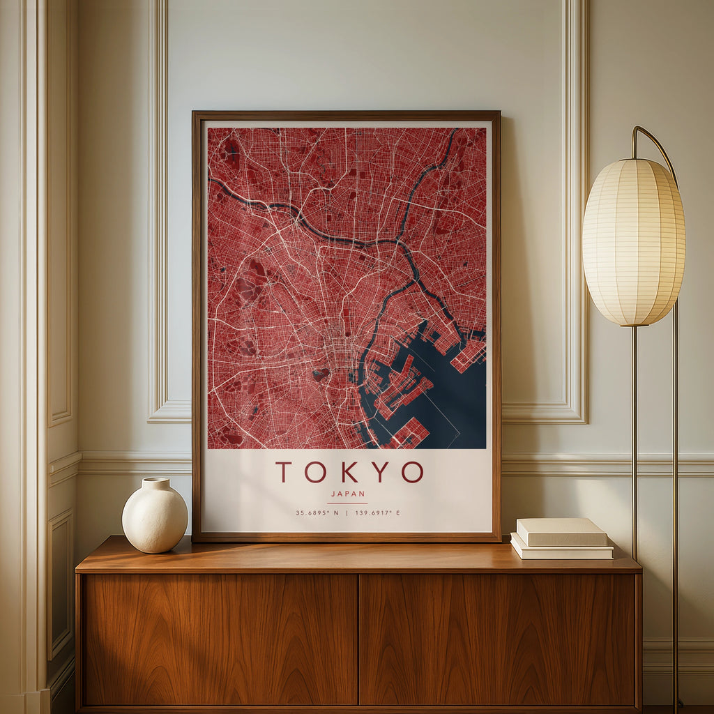 Tokyo Map Poster, Japan City Street Map Print, Red Navy Wall Art, Travel Gift