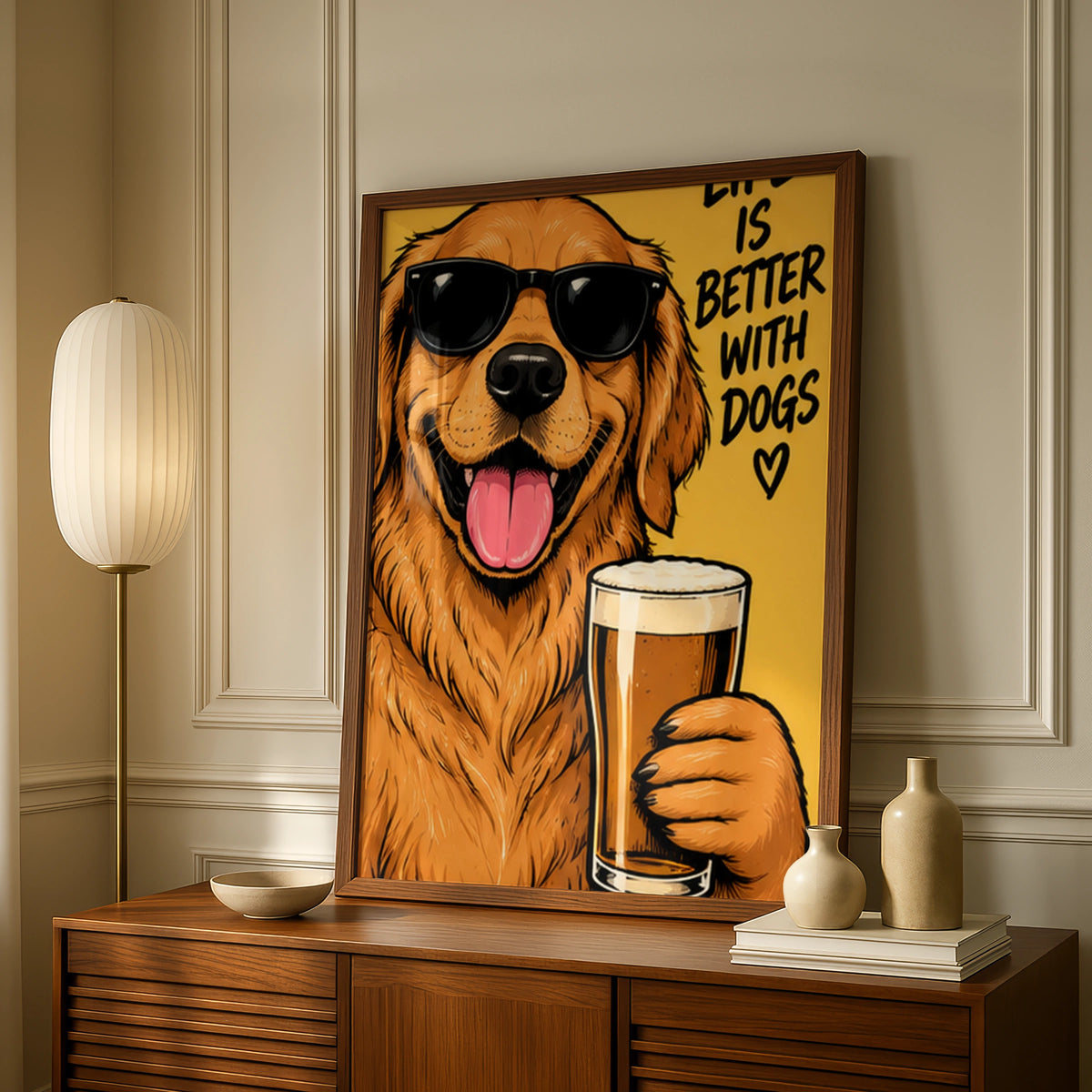 Life Is Better With Dogs Poster, Funny Golden Retriever Beer Print, Dog Lover Wall Art