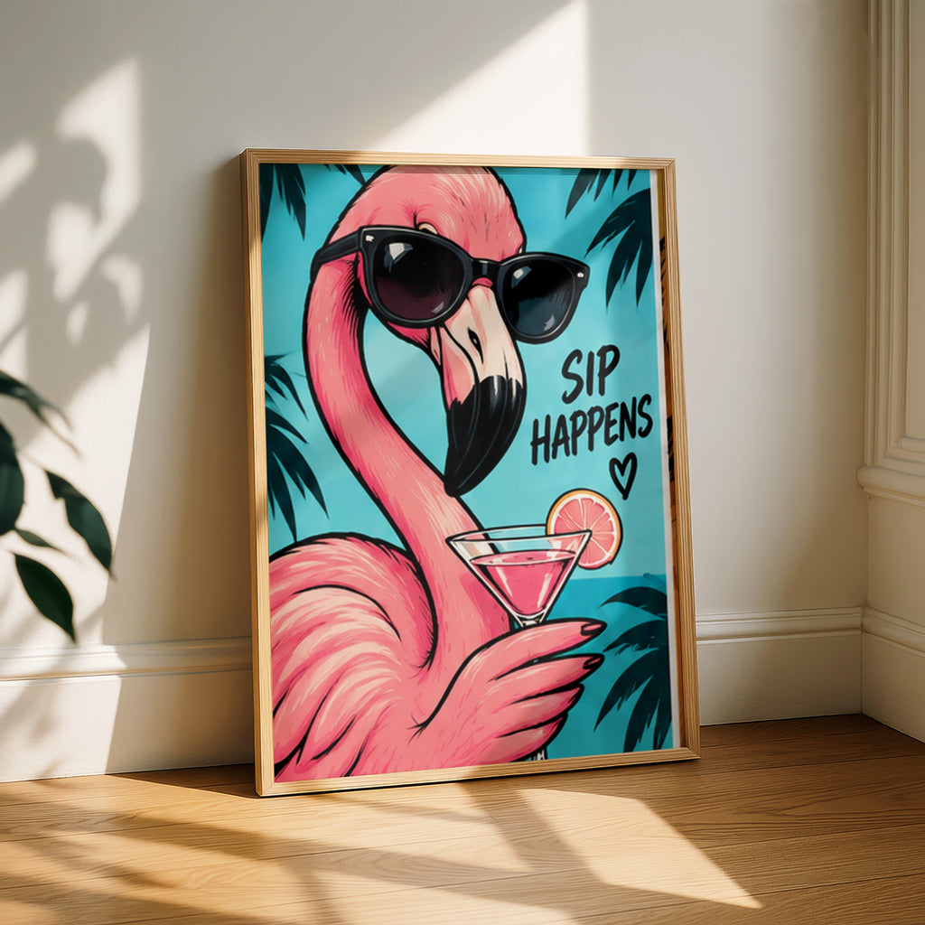 Sip Happens Flamingo Poster, Funny Cocktail Wall Art, Pink Tropical Bar Print