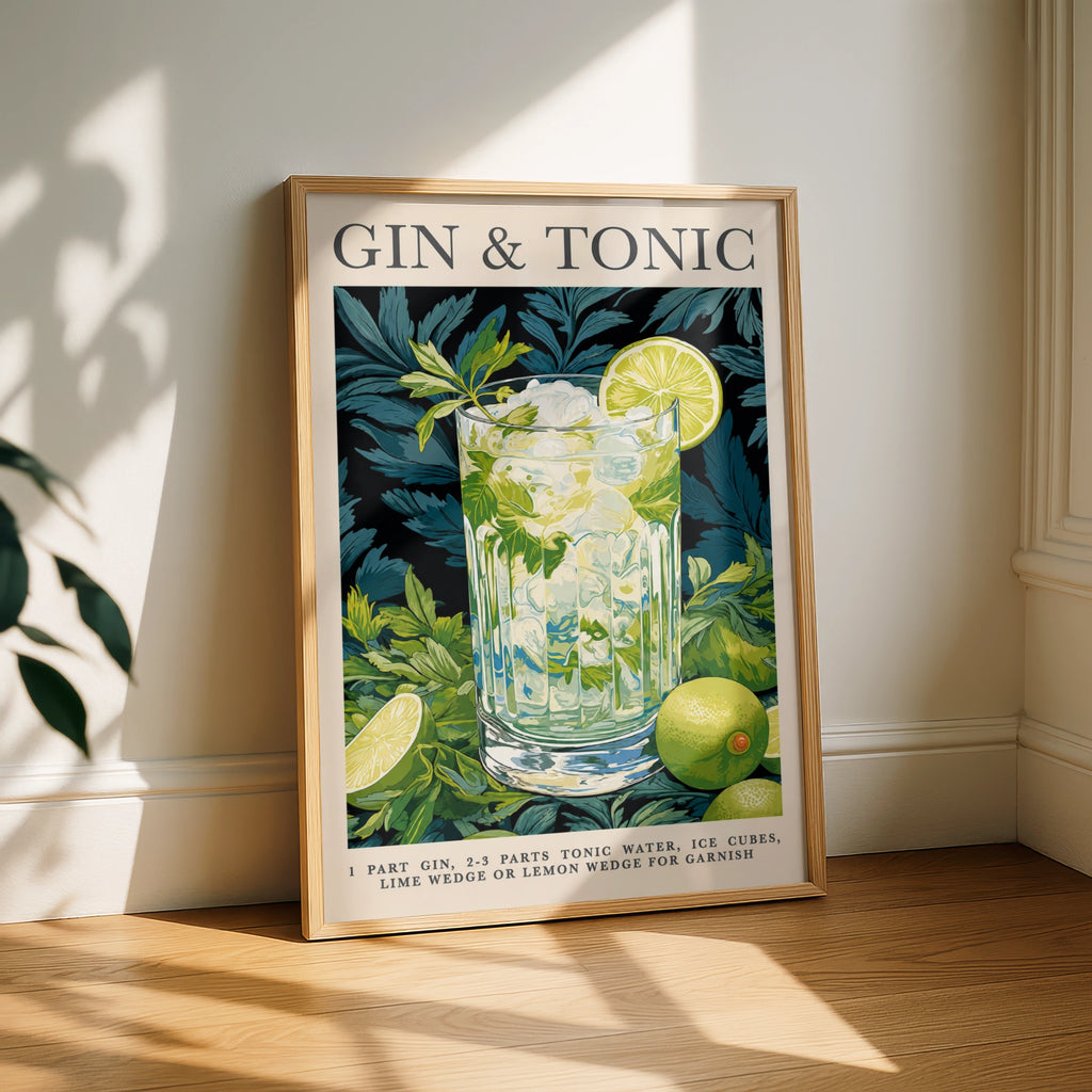 Gin & Tonic Cocktail Poster, Bar Cart Wall Art, Green Botanical Drinks Print