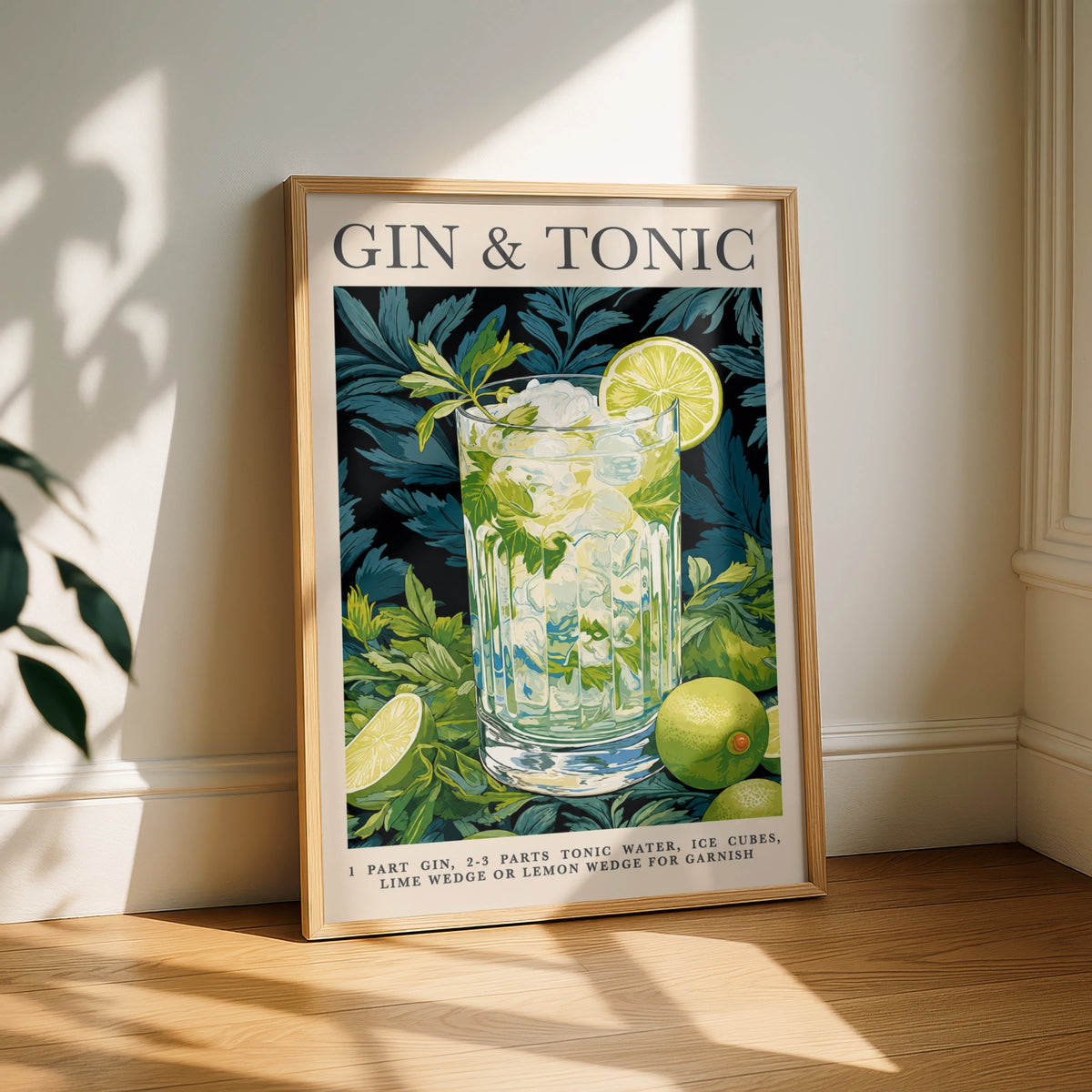 Gin & Tonic Cocktail Poster, Bar Cart Wall Art, Green Botanical Drinks Print
