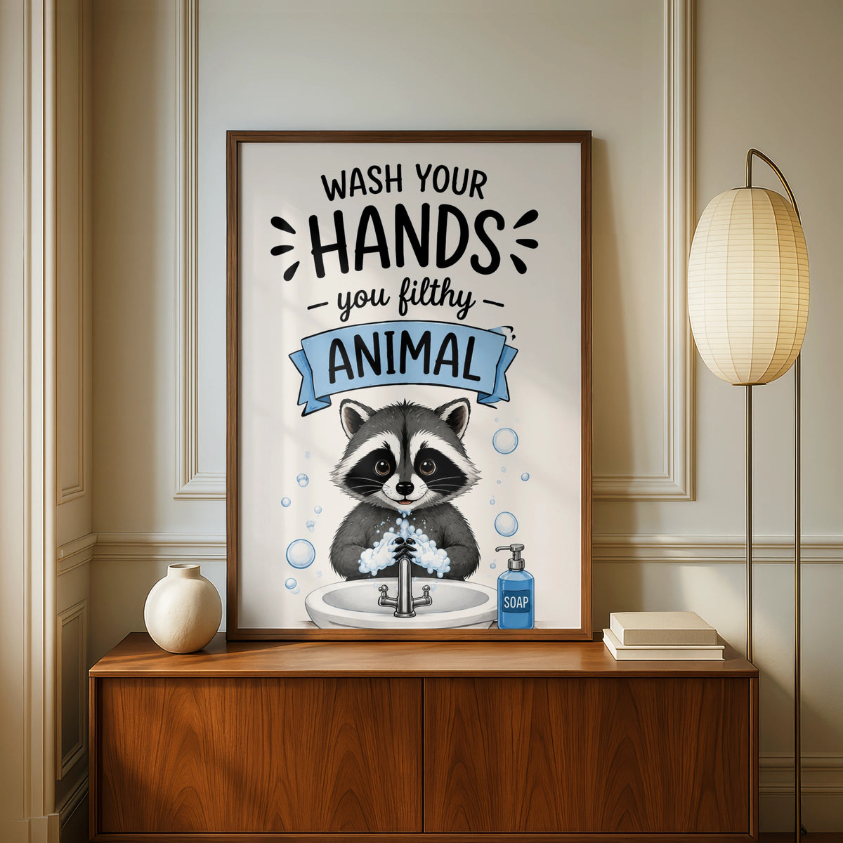Wash Your Hands You Filthy Animal Poster, Funny Raccoon Bathroom Wall Art Print