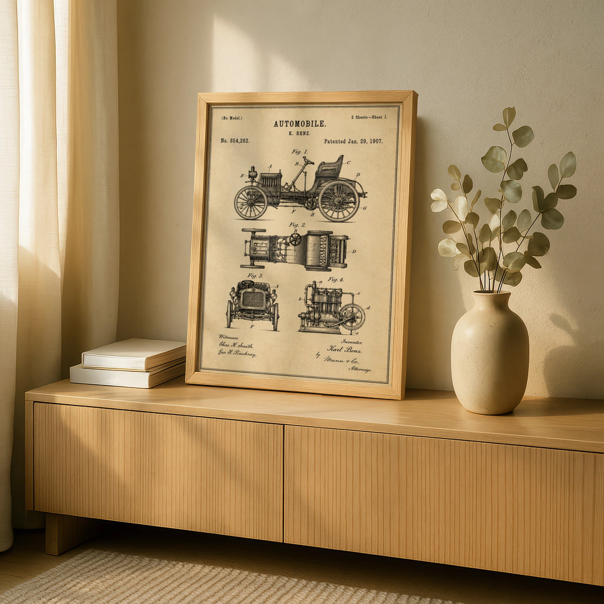 Karl Benz Automobile Patent Print, Vintage Car Poster, 1907 Blueprint Wall Art