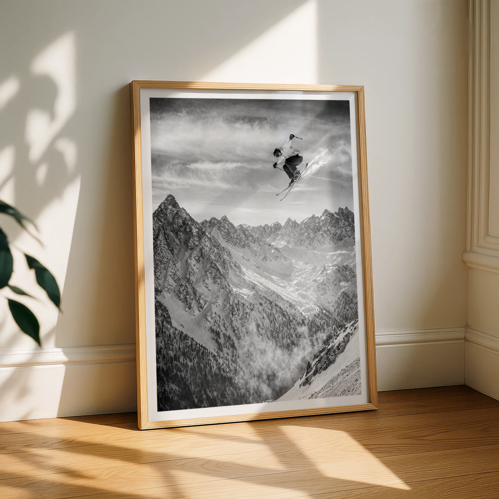 Skiing Jump Poster, Black White Mountain Wall Art, Skier Print, Snow Sports Decor