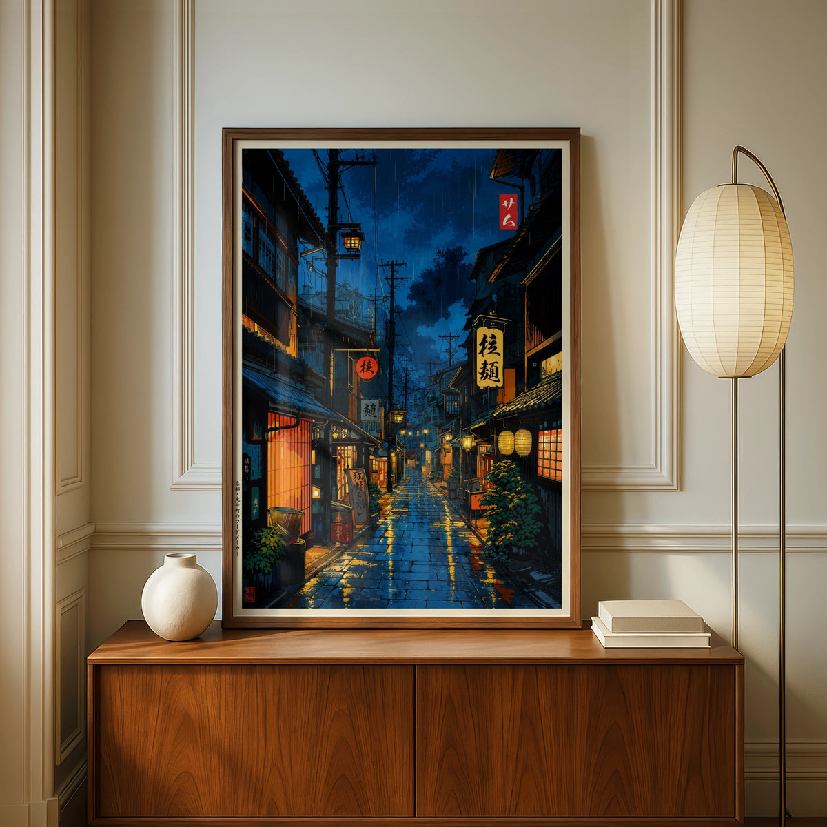 Japan Street at Night Poster, Rainy Kyoto Alley Art Print, Anime Style Wall Decor