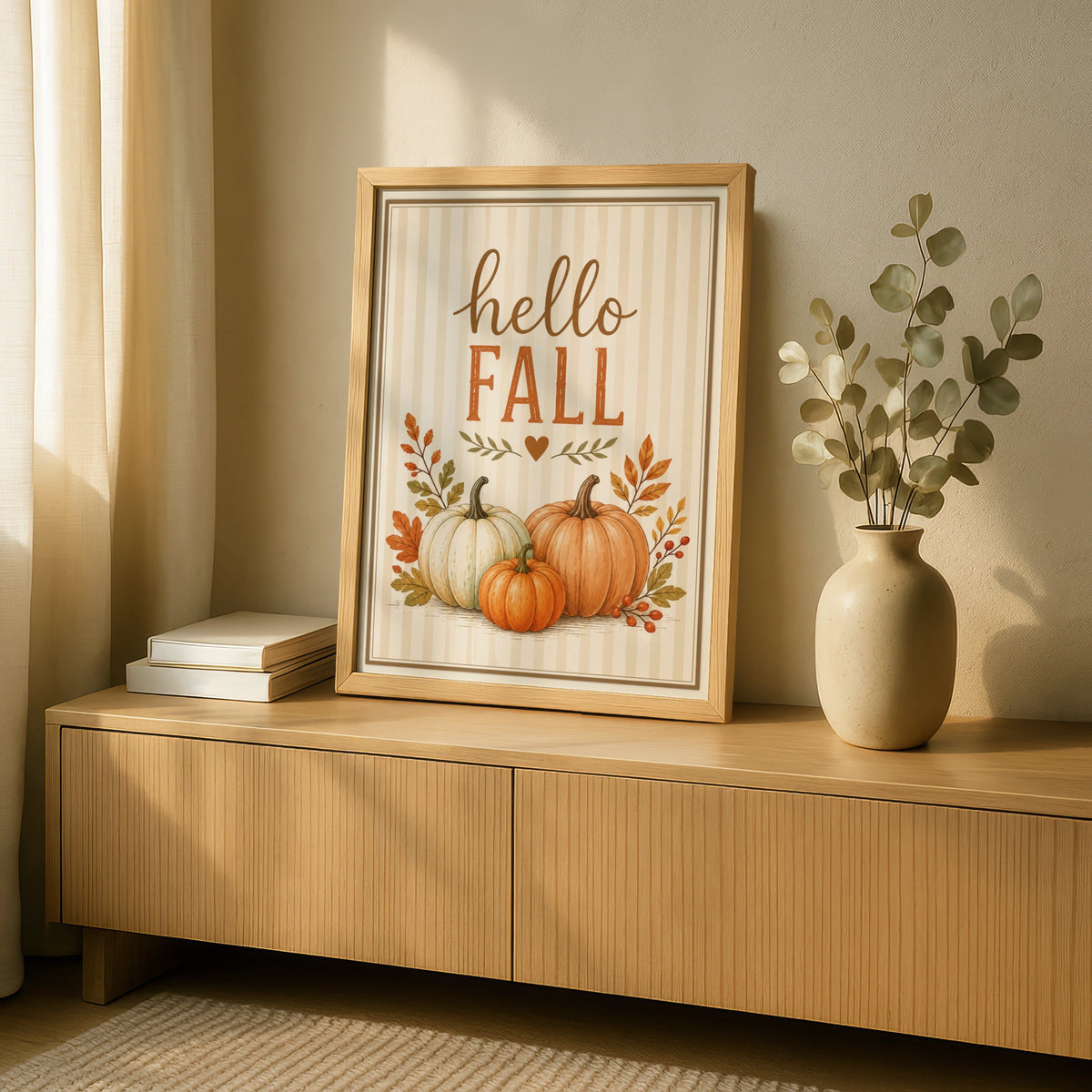 Hello Fall Pumpkin Wall Art, Autumn Harvest Poster, Rustic Orange Cream Home Decor Print