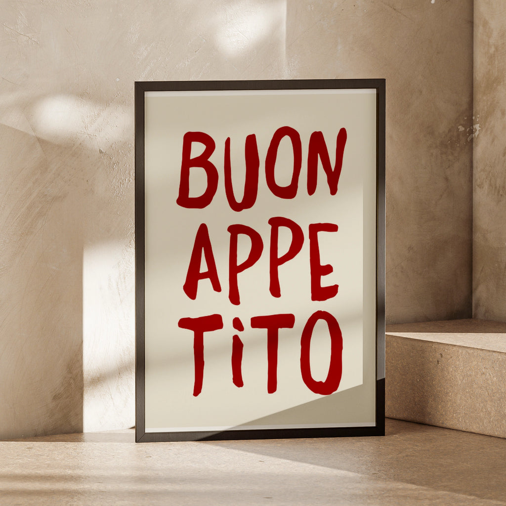 Buon Appetito Poster, Italian Kitchen Wall Art, Red Cream Typography Print