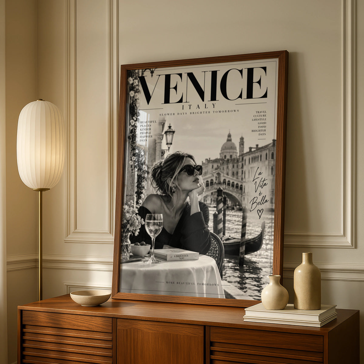 Venice Italy Magazine Cover Poster, La Vita e Bella, Black White Travel Wall Art Print