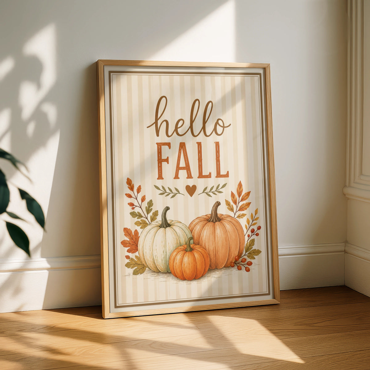 Hello Fall Pumpkin Wall Art, Autumn Harvest Poster, Rustic Orange Cream Home Decor Print