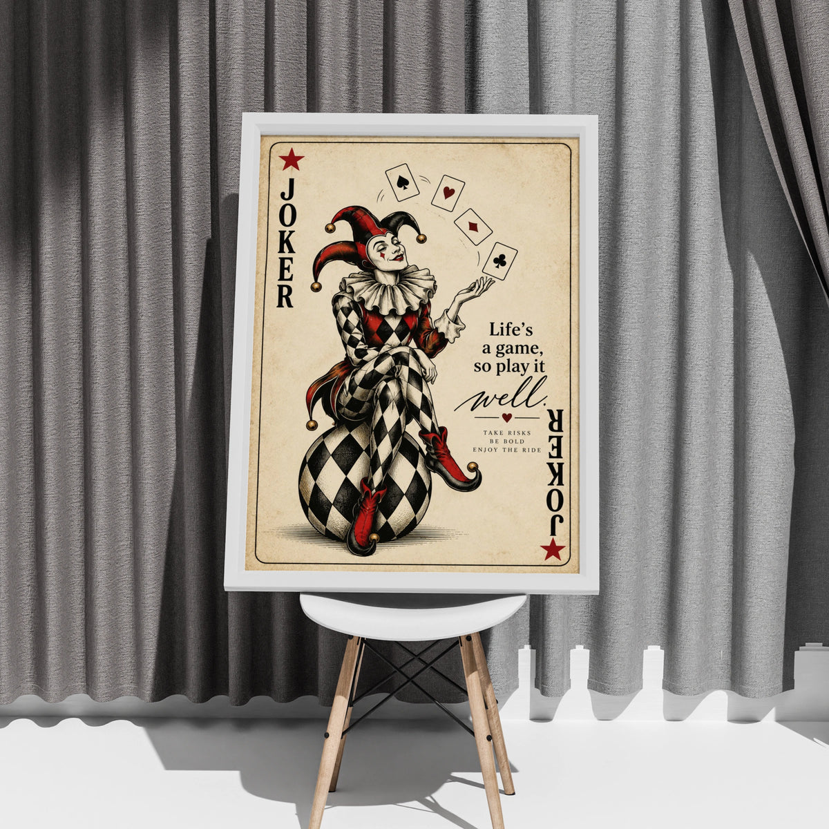 Joker Card Poster, Life's A Game Quote Print, Vintage Jester Wall Art, Red Black