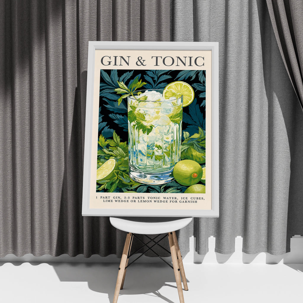 Gin & Tonic Cocktail Poster, Bar Cart Wall Art, Green Botanical Drinks Print