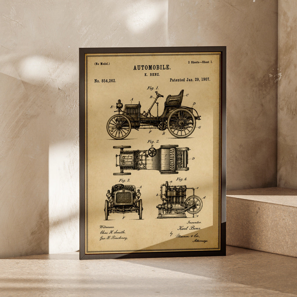 Karl Benz Automobile Patent Print, Vintage Car Poster, 1907 Blueprint Wall Art