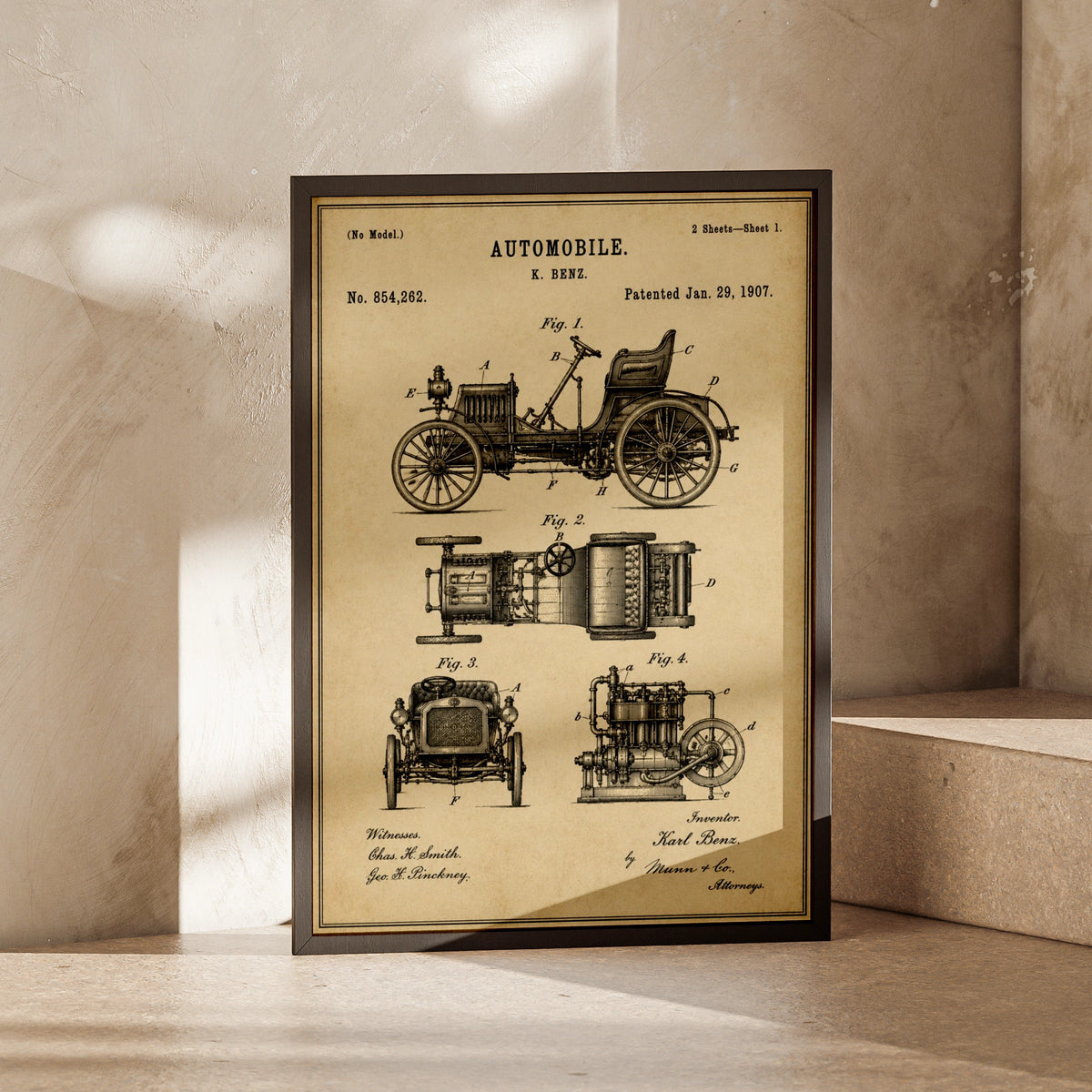 Karl Benz Automobile Patent Print, Vintage Car Poster, 1907 Blueprint Wall Art