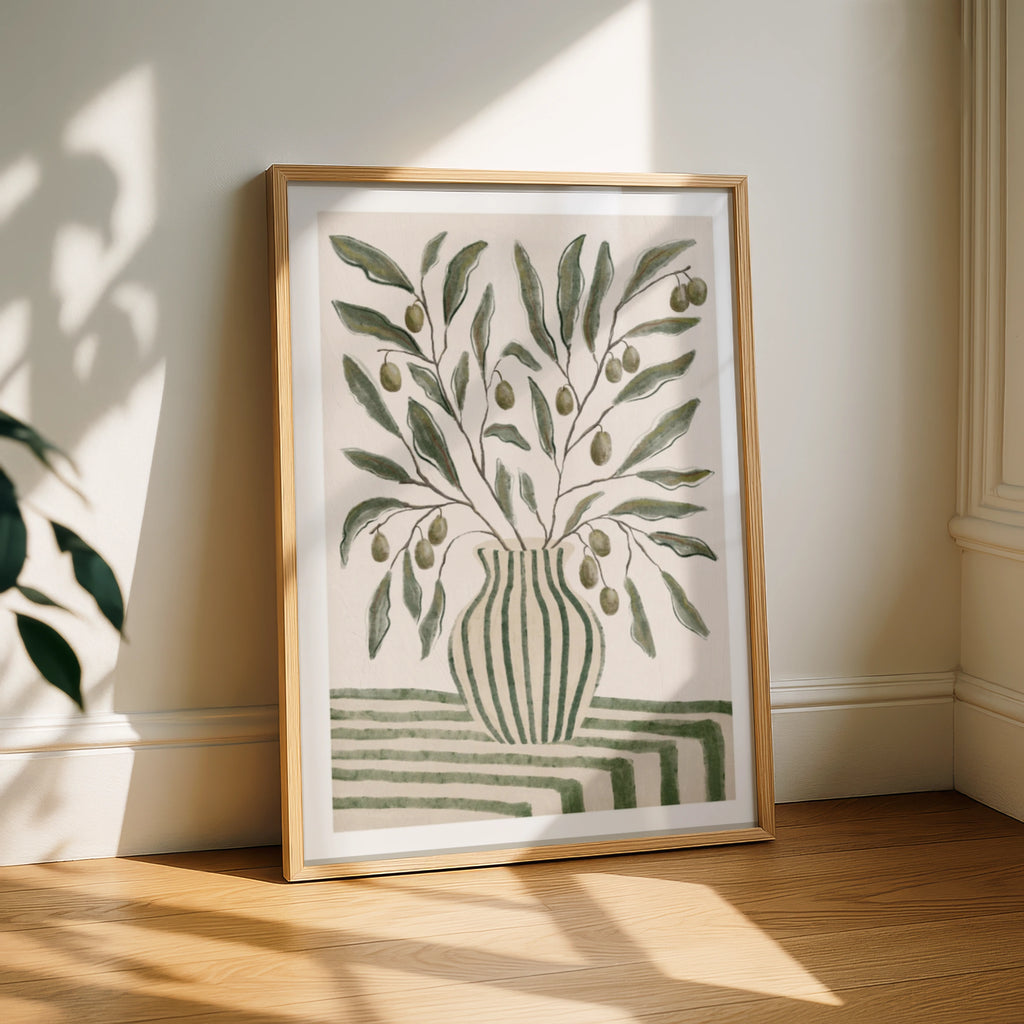 Olive Branch Vase Print, Botanical Wall Art, Watercolour Striped Pot, Green Neutral Kitchen Poster