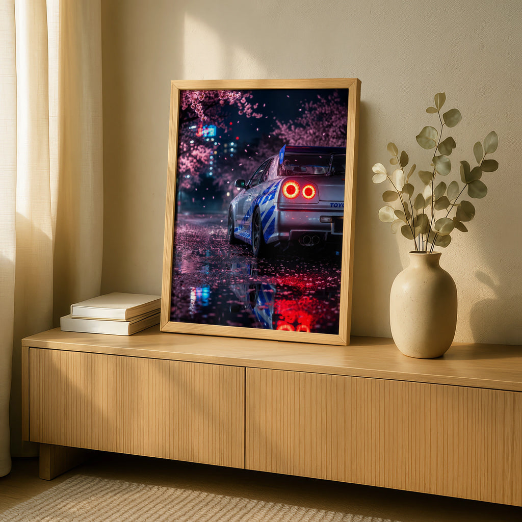 Nissan Skyline R34 GTR Cherry Blossom Poster, JDM Car Wall Art, Night Tokyo Print
