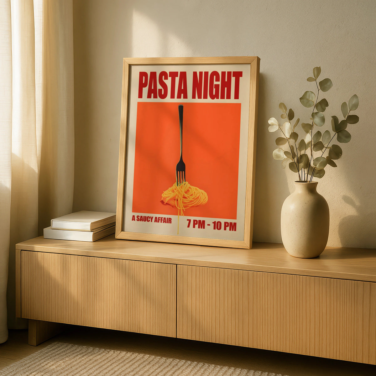 Pasta Night Print, Retro Food Poster, Spaghetti Wall Art, Italian Kitchen Decor