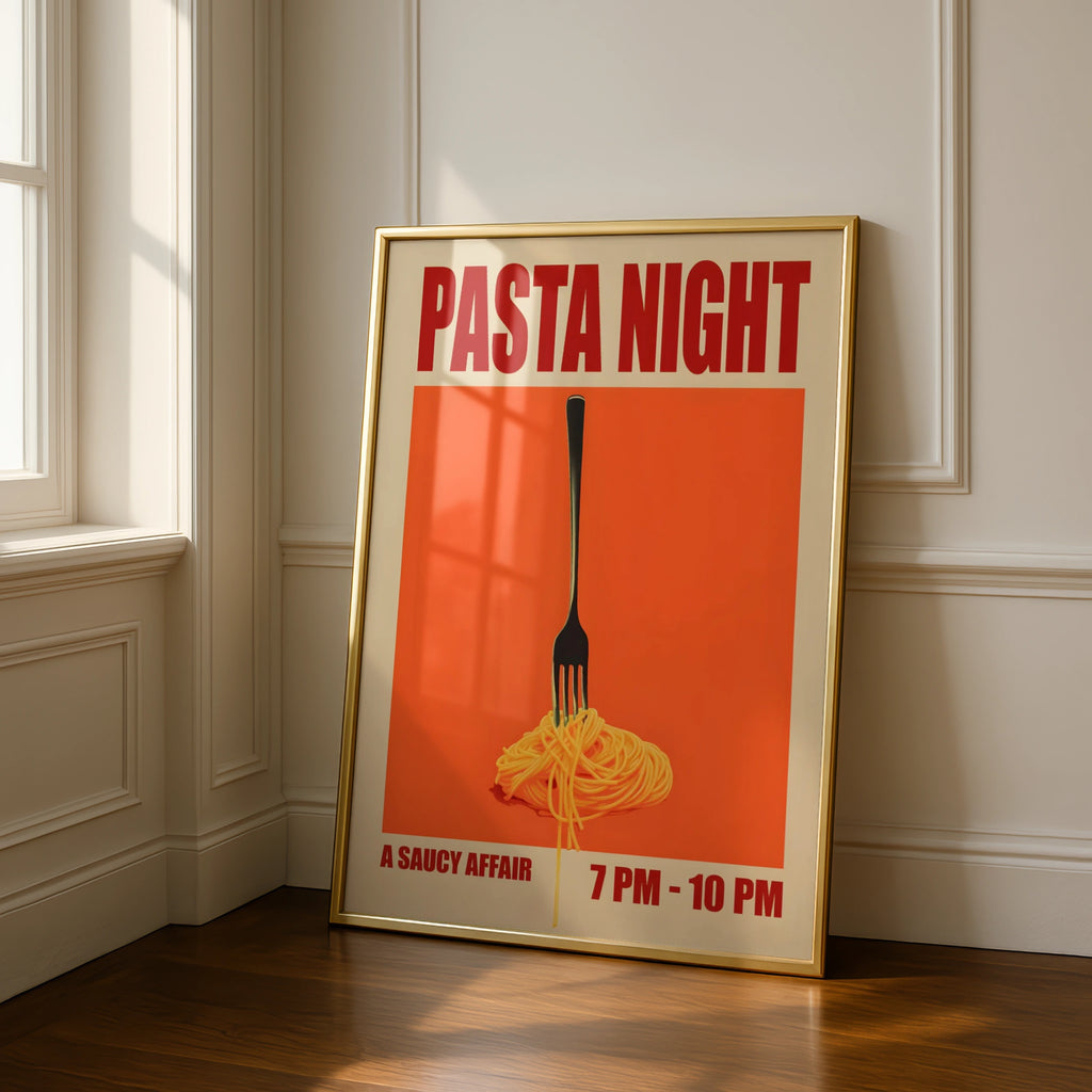 Pasta Night Print, Retro Food Poster, Spaghetti Wall Art, Italian Kitchen Decor