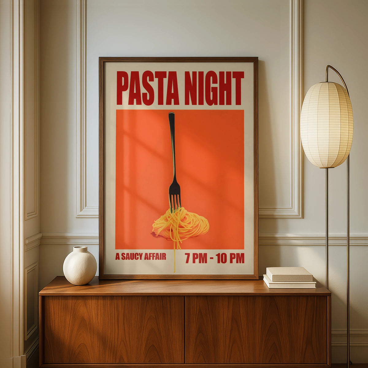 Pasta Night Print, Retro Food Poster, Spaghetti Wall Art, Italian Kitchen Decor