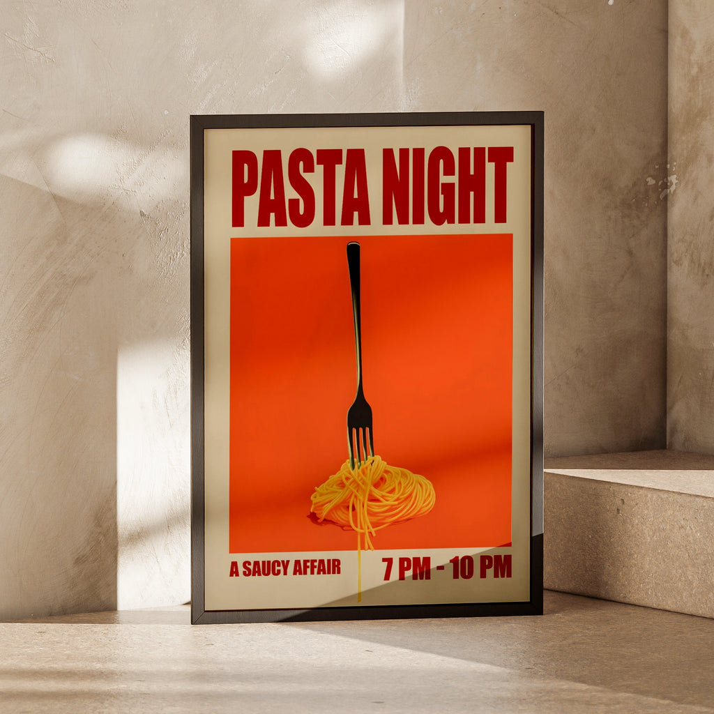 Pasta Night Print, Retro Food Poster, Spaghetti Wall Art, Italian Kitchen Decor