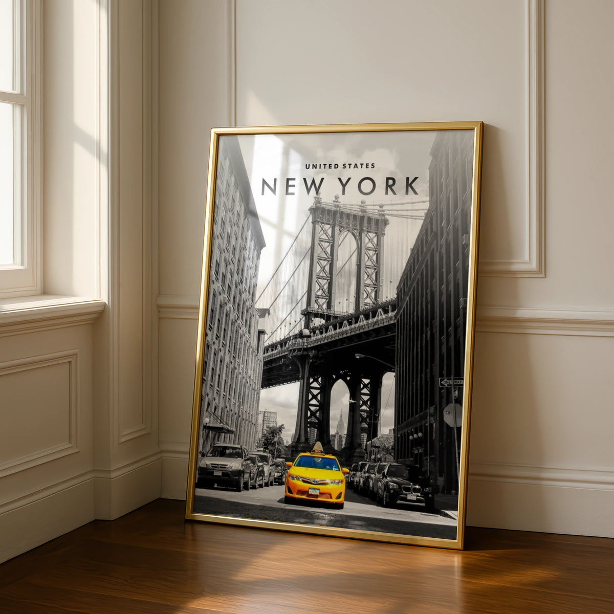 New York Yellow Taxi Poster, NYC Wall Art, Manhattan Bridge Print, Black White