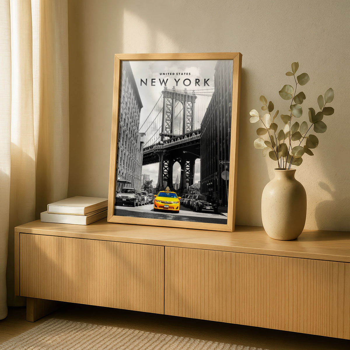 New York Yellow Taxi Poster, NYC Wall Art, Manhattan Bridge Print, Black White