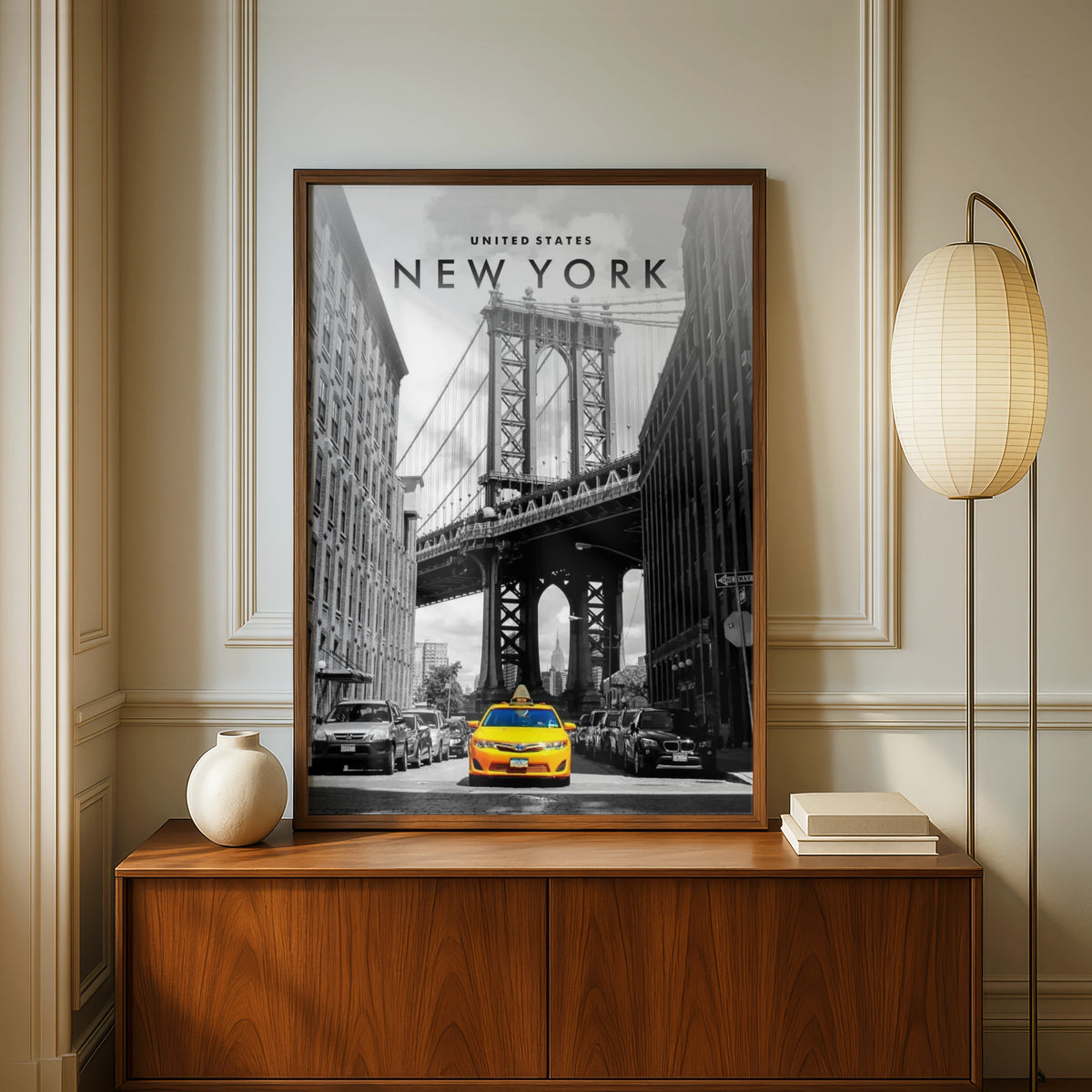 New York Yellow Taxi Poster, NYC Wall Art, Manhattan Bridge Print, Black White
