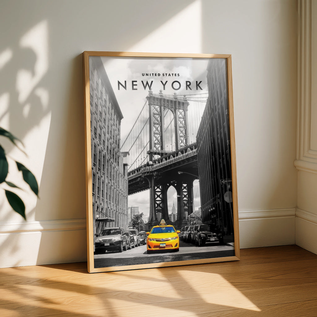 New York Yellow Taxi Poster, NYC Wall Art, Manhattan Bridge Print, Black White